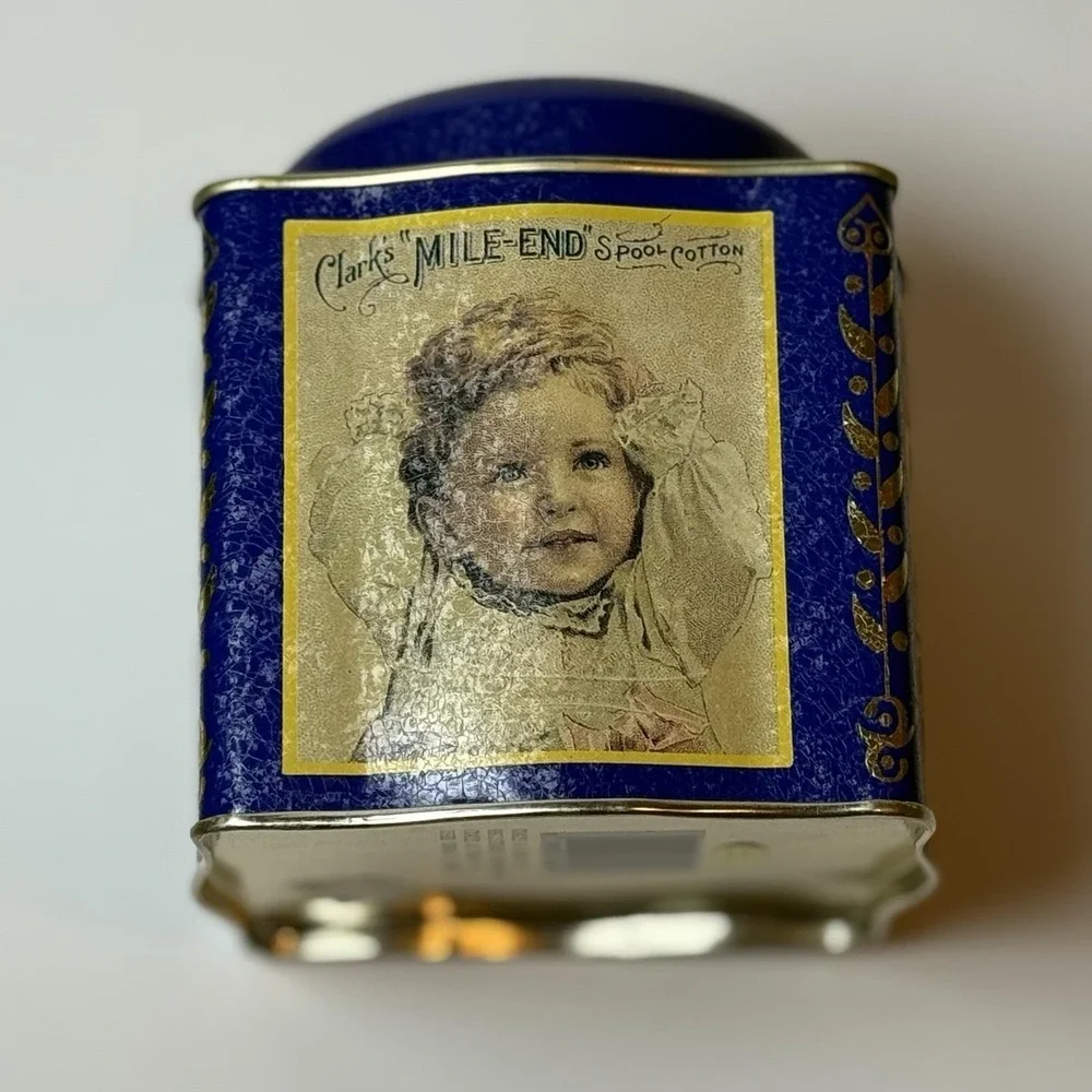 Vintage Clark's O.N.T. Spool Cotton Tin Blue Gold Advertising Sewing Can‎